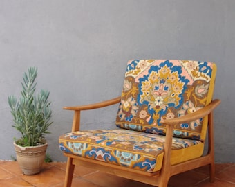 Embroidered Lounge Chair Mid Century Armchair Bohemian Wooden Furniture Vintage Embroidery Restored 1950's Chair