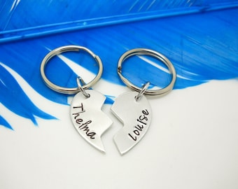 Personalized Keychain - 2 piece key chain set - Hand Stamped - Thelma and Louise - custom jewelry - Best Friends Heart keychain