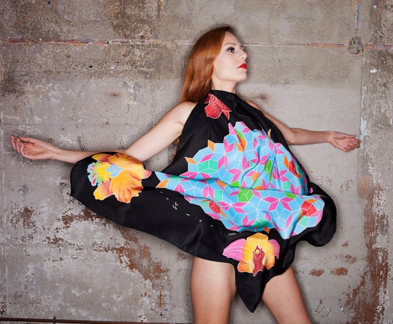 Hand Painted silk scarf with Crystal formation Mandala and four orchids in each corner. Batik Painted on Charmeuse Silk. Size 37"x43".