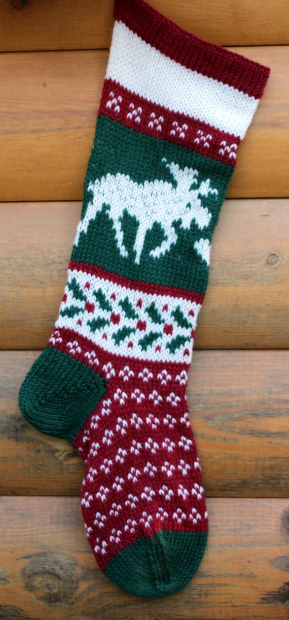 Hand Knit Christmas Stocking Moose Handmade By Sunflowerdesigns1 5930