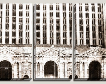 Detroit Canvas Art, Michigan Central Depot, City Art, Historic, Detroit Art, Wall Mural, Three Panel, Triptych, Photography, Black and White