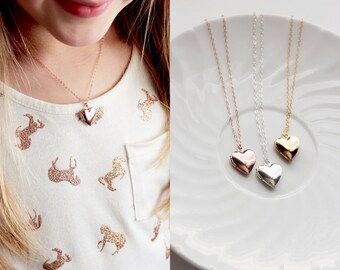 Children's Locket Necklace - Solid HEART Shaped Dainty Locket Necklace / Flower Girl, Kid's Gift, Children's necklace/ Silver Gold Rose Gold