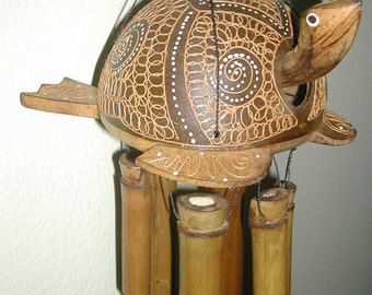 Fancy 24 Inch Wood, Full Coco Shell & Bamboo Florida Sea Turtle ,Bobble head Wind Chime Hand Painted and Sealed