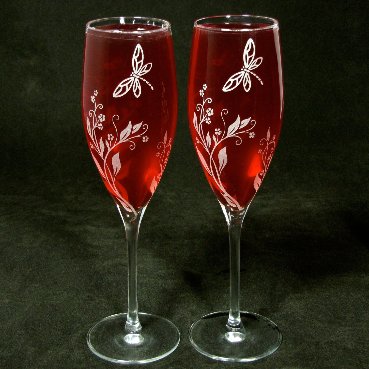 Engraved Wedding Champagne Flutes Vine and Dragonfly