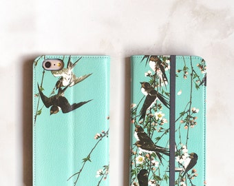 One iPhone Wallet Case Birds on Branches, iPhone 7 Plus Womens Wallet Cherry Blossoms, Swallows iPhone 6S Case
