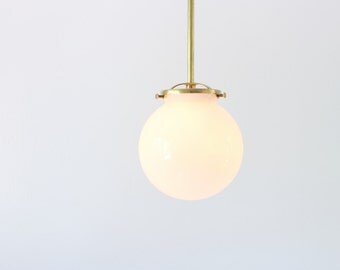 Modern Brass Pendant Light, White Glass Globe, BootsNGus Lighting and Home Decor