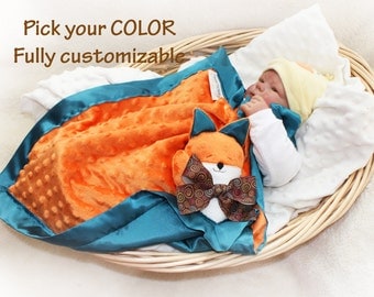 Orange Minky Fox Security Blanket, Lovey Blanket, Satin, Baby Blanket, Stuffed Animal, Baby Toy - Customize Color
