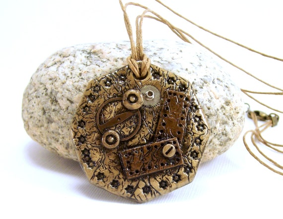 Polymer Clay Jewelry Pendant Necklace - Steampunk Pendant - Boho Necklace - Rustic Necklace - Artisan Handmade - Geometric Jewelry -