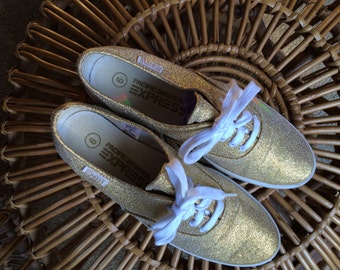 SALE! Was 45 Size 6 vintage Pacific Express gold glitter Keds tennies sneakers tennis shoes retro metallic unique 80's 70's disco hipster