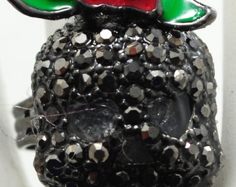 Goth Skull Ring/Gunmetal/Rhinestone/Red Rose/Halloween Jewelry/Funky Ring/Adjustable/Under 10 USD