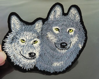 Large Iron On Patch or Sewing on Embroidery Grey Wolf Patch Two Wolves Patches Appliques Full Embroidered Patch