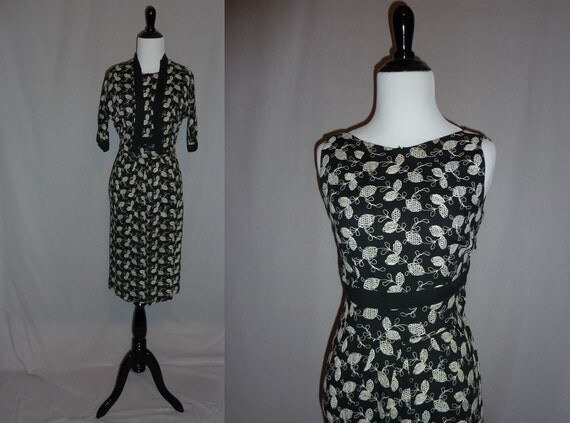 50s Black White Dress Matching Cropped Jacket Embroidered