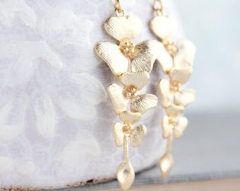 Gold Orchid Earrings, Floral Dangle Earrings, Long Gold Earrings, Bridal Jewelry, Bridesmaids Gift, Cascading Flowers, Nickel Free Earrings