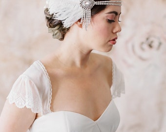 Flapper Headband, Great Gatsby Headpiece, Rhinestone Vintage Headband 1920s Accessories Gatsby Party Roaring 20s Blush Ivory Feather, 2 102