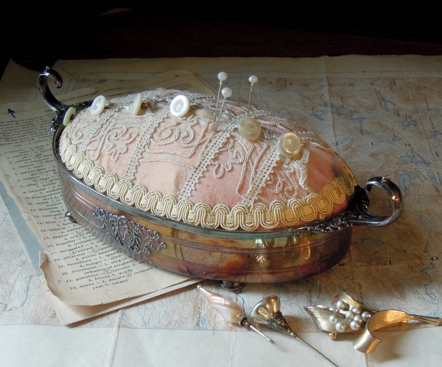 Antique / Vintage Silver Plate Pin Cushion / Victorian Fabric