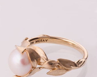 leaves engagement ring no 7 14k gold and pearl engagement ring unique engagement - Pearl Wedding Ring leaves engagement ring no 7 14k gold and pearl engagement ring unique engagement - Pearl Wedding Ring