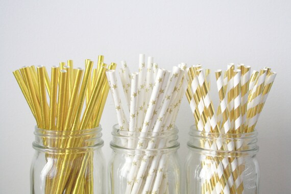 Paper Straws . Gold Foil Stars and Stripes . Gold Wedding / Baby shower decoration / mason jar buffet table / Anniversary Il_570xn