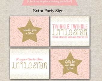 Twinkle Twinkle Little Star First Birthday Party Signs | Twinkle Twinkle Little Star Party Printables | Pink and Gold Birthday Party Signs
