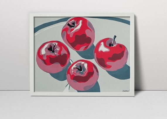 Handmade screen print painting Four apples still life