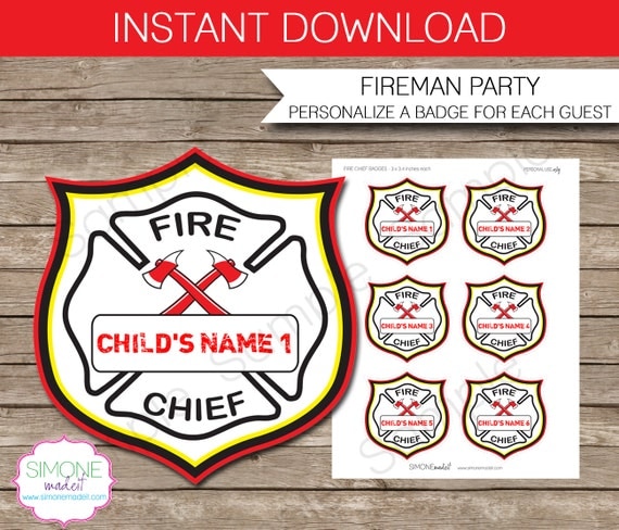 Fire Chief Badges - Fireman Birthday Party - INSTANT DOWNLOAD with ...