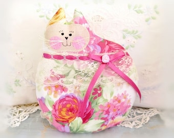 Cat Pillow Doll Cloth Doll 7 inch Cat, Pink Green Multi Floral Print, Primitive Soft Sculpture Handmade CharlotteStyle Decorative Folk Art
