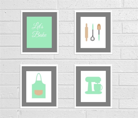 Baking Print Baking Wall Art Kitchen Decor Kitchen Art Mint Kitchen Mixer Baking Decor Apron Print Kitchen Bakery Art Rolling Pin Print Set