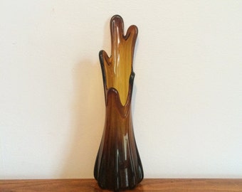 Vintage Amber Glass Vase / Mid Century Swung Glass Art Vase / 60s Amber Bud Vase