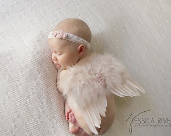 Vintage Blush Angel Baby Wings and/or Matching Vintage Lace Headband, for a teenie infant, photo shoot, baby photo, by Lil Miss Sweet Pea