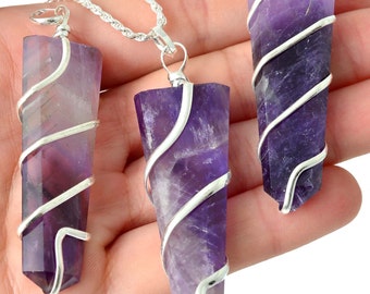 1 AMETHYST Pendant Wire Wrapped Pendant Necklace Healing Crystal Amethyst Tumbled Stone #F4