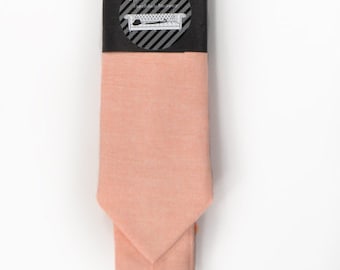 Wedding Mens Tie Skinny Necktie Laid-Back necktie- Coral chambray
