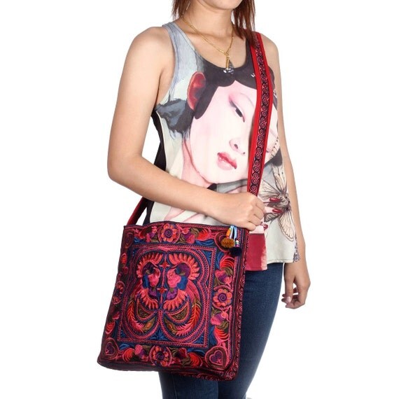 Red CrossBody Bag HMONG Embroidered Fabric by ThaiHandbags