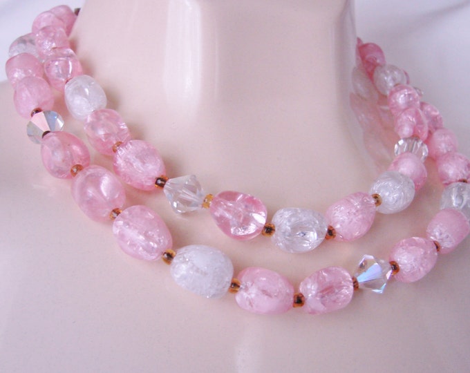 Mid Century Bead Necklace / Pink Lucite Beads / Aurora Borealis Crystal Glass Beads / Vintage / Jewelry / Jewellery
