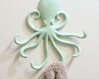Wall Hooks, Octopus Hook Nautical Bathroom Towel Hook Beach Wall Decor Cast Iron (YOUR COLOR Choice) Medium
