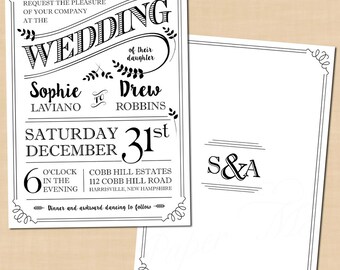 Typography Wedding Invitation, Leaf, Monogram, Industrial, Steampunk (5x7, Portrait): Text-Editable in Word, Printable Instant Download