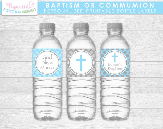 Baptism Or First Holy Communion Water Bottle Labels Blue Grey 