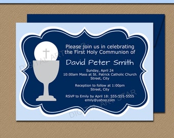 First Communion Invitation Template - 1st Communion Invitation - EDITABLE Holy Communion Invitation Printable Blue & Navy - Instant Download