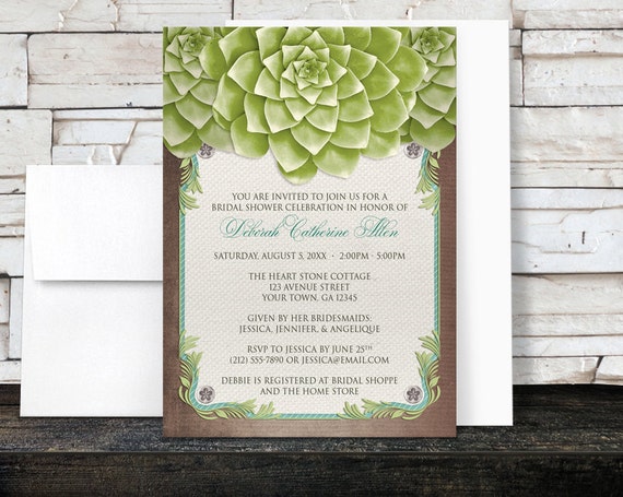 Succulent Bridal Shower Invitations - Garden Green Floral with Brown and Teal on Rustic Beige Canvas design - Printed Invitations Il_570xn