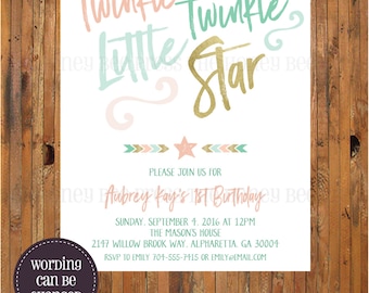 Twinkle Twinkle Little Star Birthday Invitation - 1st, 2nd, 3rd, 4th birthday invitation - Blush, Mint, Gold - Item 0311