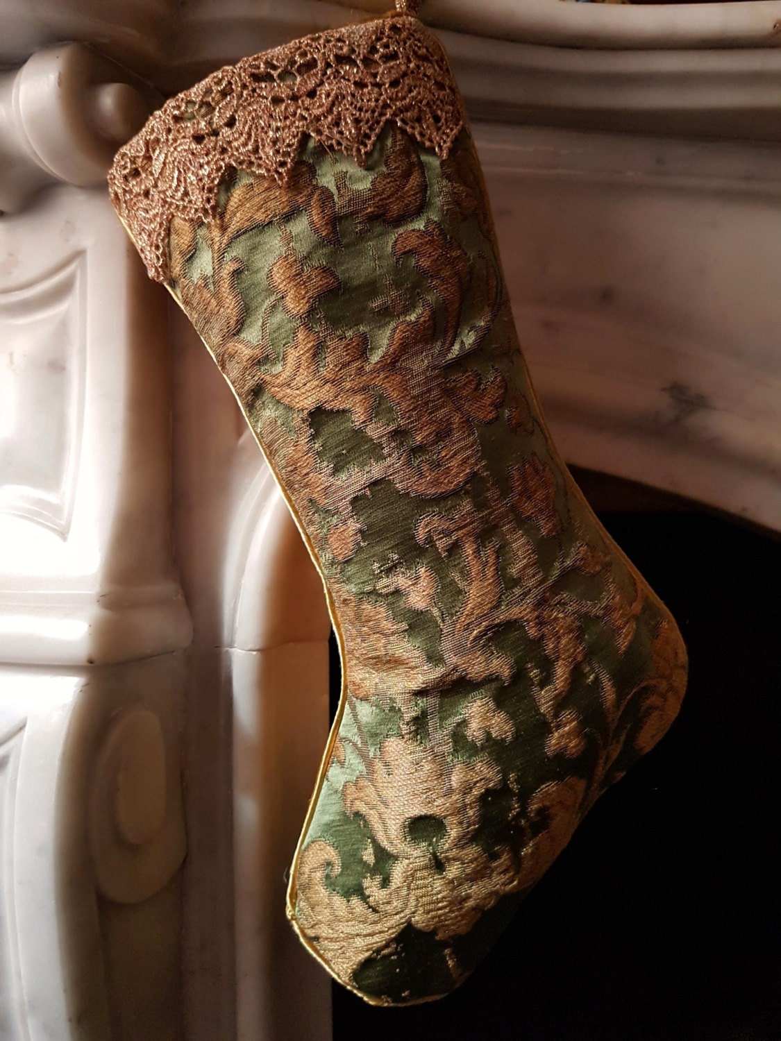 Luxury Christmas Stocking Green & Gold Silk Jacquard Rubelli