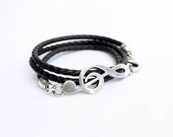 Music Bracelet, Leather wrap bracelet for men or women, G clef, clave de sol, Rock Bracelet, Love music