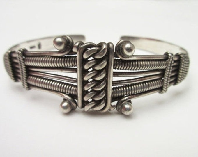 Sterling Cuff Bracelet - Silver Twisted knotted Studded - Tribal India - Bangle