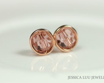 Rose Gold Earrings Swarovski Crystal Stud Earrings Wire Wrapped Jewelry Handmade Rose Gold Pink Stud Earrings Swarovski Crystal Jewelry