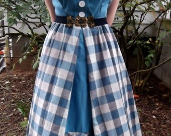 VINTAGE GINGHAM DRESS 1950's Blue Retro Size Small