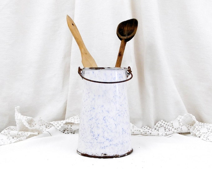 Antique French Marbled Blue and White Enamelware Milk Pail / Churn, French Country Decor, Vintage, Chateau, Shabby, Chic, Retro, Kitchen