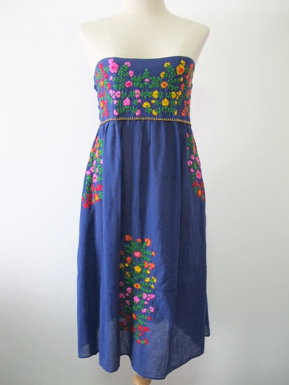 Embroidered Mexican Sundress Cotton Strapless Dress With