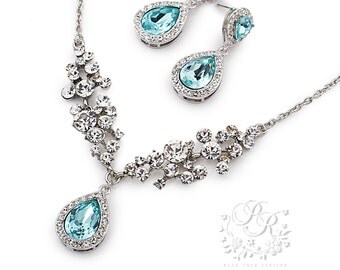Wedding Necklace Earrings Aquamarine Blue Crystal Necklace Earrings set Brides Jewelry Wedding Jewelry Bridal Necklace Bridesmaid Necklace