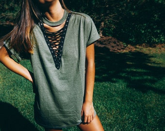 Simple Olive Green Lace Up Tee // Lace Up Top // Lace Up Shirt // LF Inspired