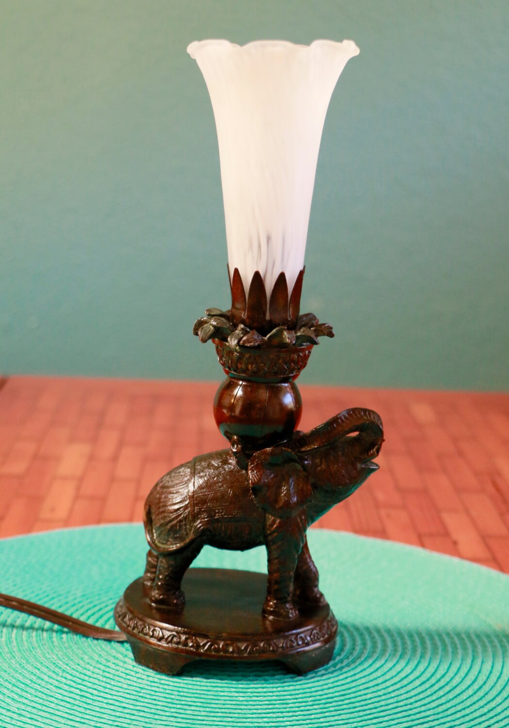 Elephant Lamp with Glass Tulip Shade Vintage