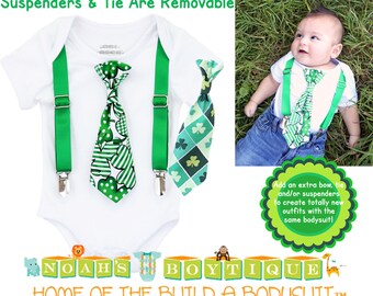 St Patrick's Day Baby Outfit - Baby Boy - Newborn - First St. Patrick's Day - Saint Patricks Day - Shirt - Tie - Suspenders - Shamrock
