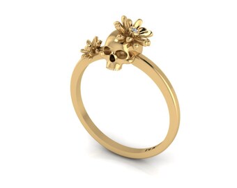 Skull Ring Gold Skull Diamond Ring Flowers Day of the Dead Jewelry Gothic Ring 14k Solid Yellow Gold Tiny Skull Delicate Ring